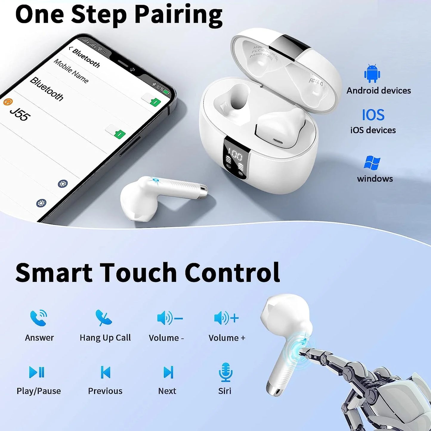 Cordless Noise Cancelling Earbuds, White, IP5 Waterproof, Built-In Mic, 35Hrs Play Time